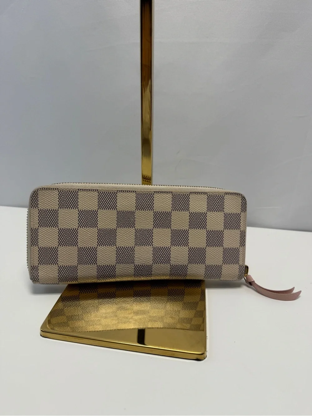 Louis Vuitton Beige Damier Azur Zip Wallet with Pink Pull Tab